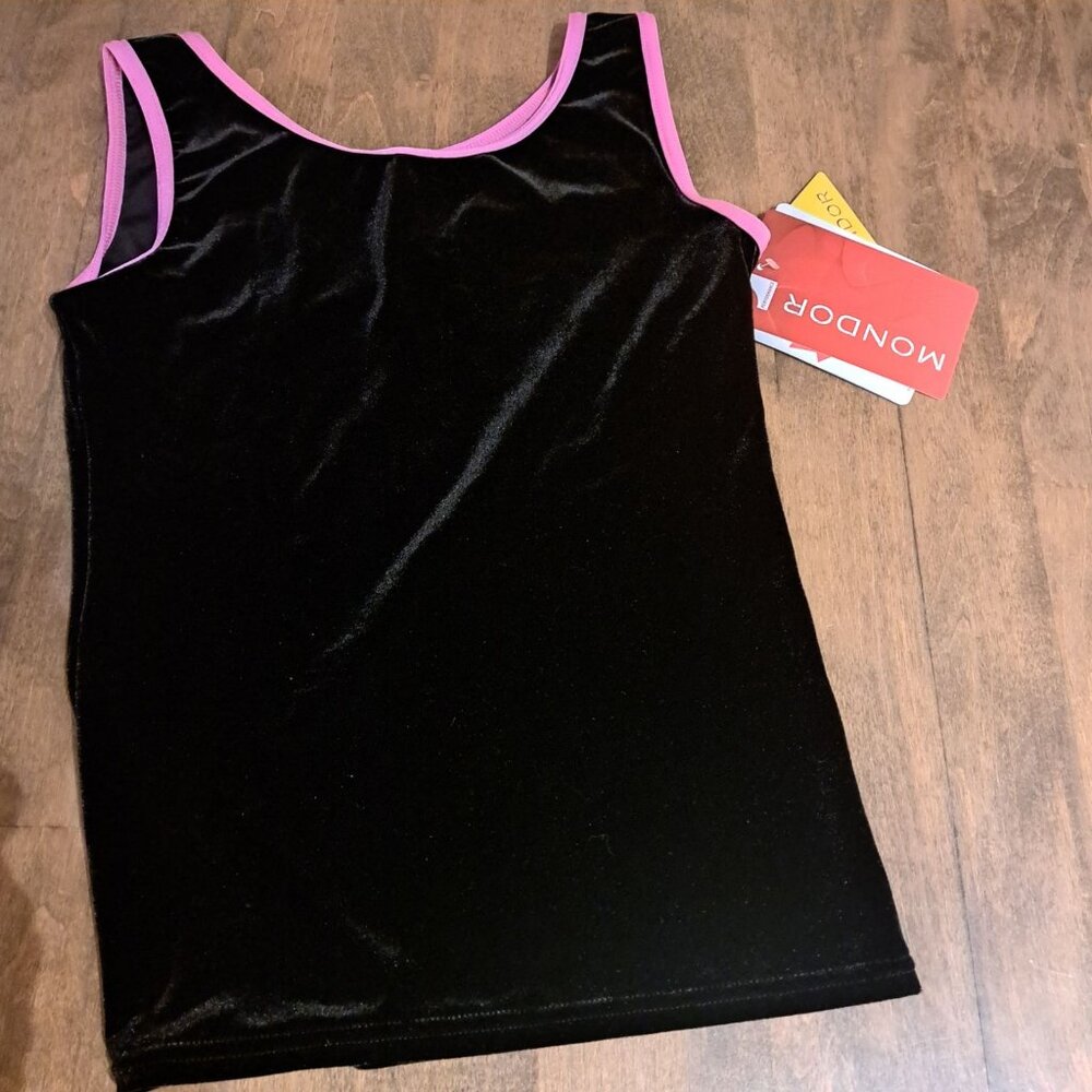 Mondor sleeveless top camisole girls 12-14 black and pink edges velour NWT